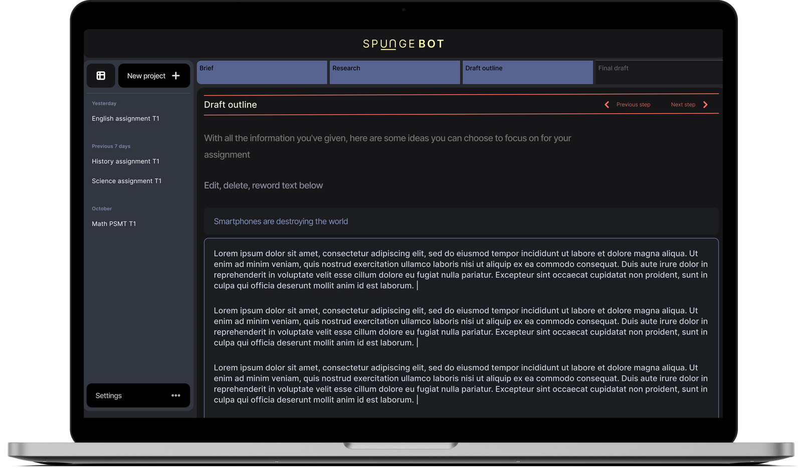 Spungebot Draft outline screen on MacBook