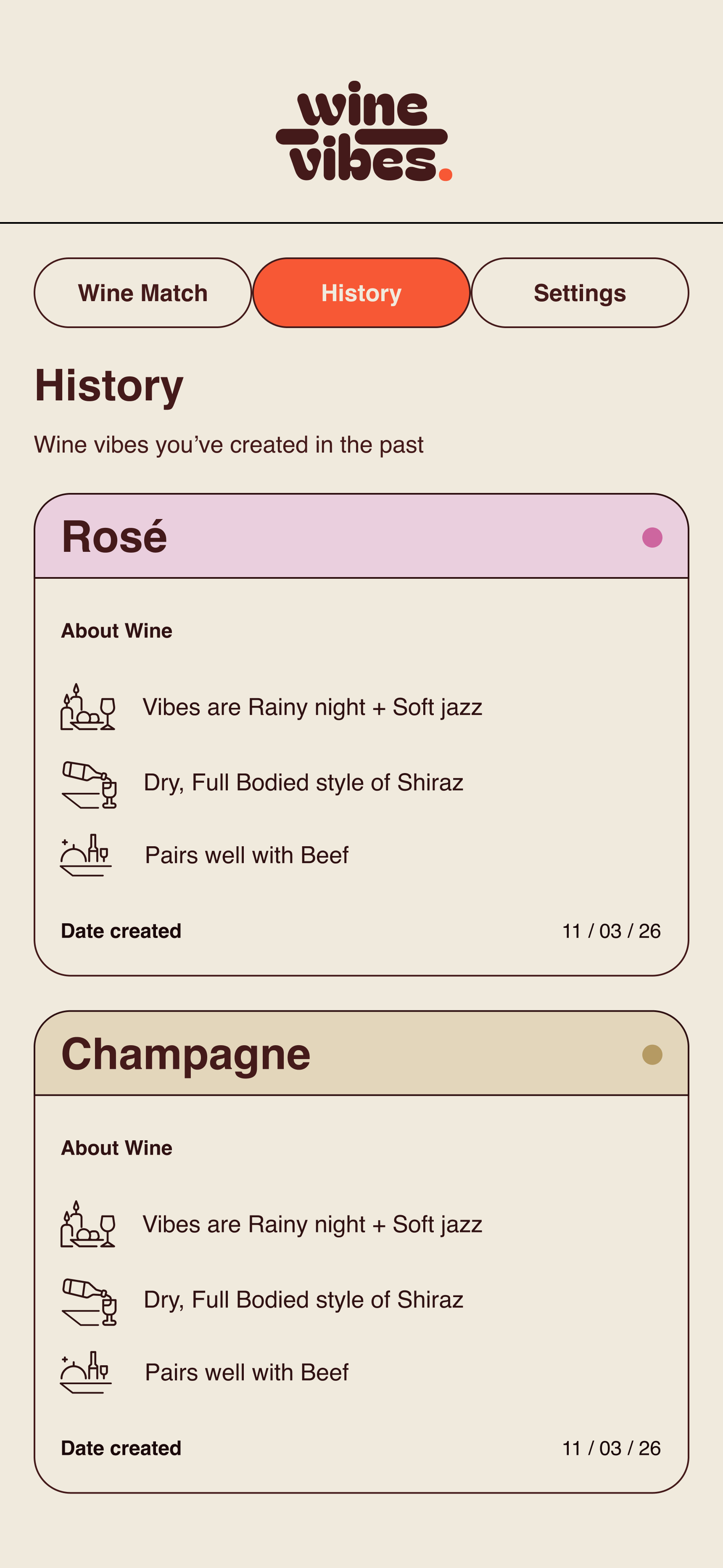 WineVibes History page