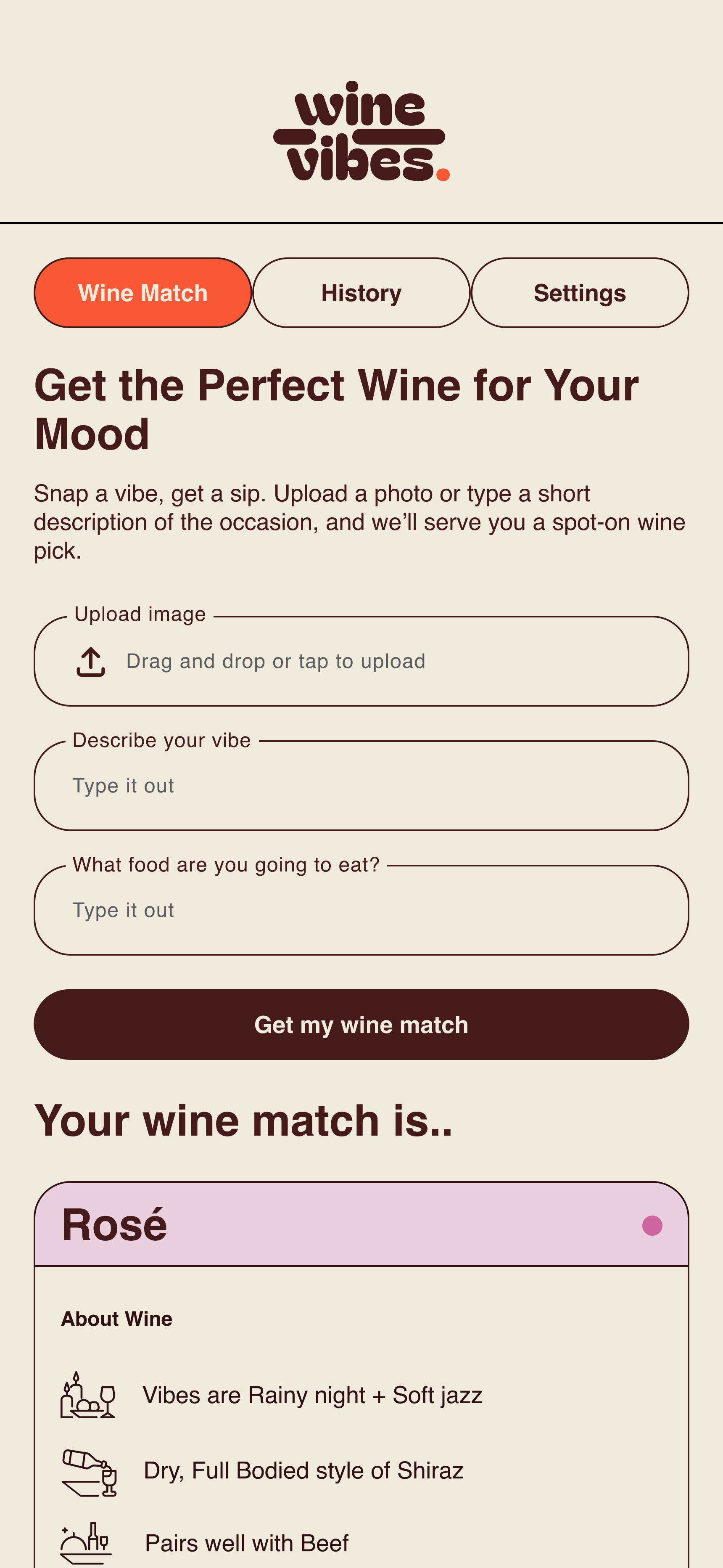WineVibes Wine Match main screen