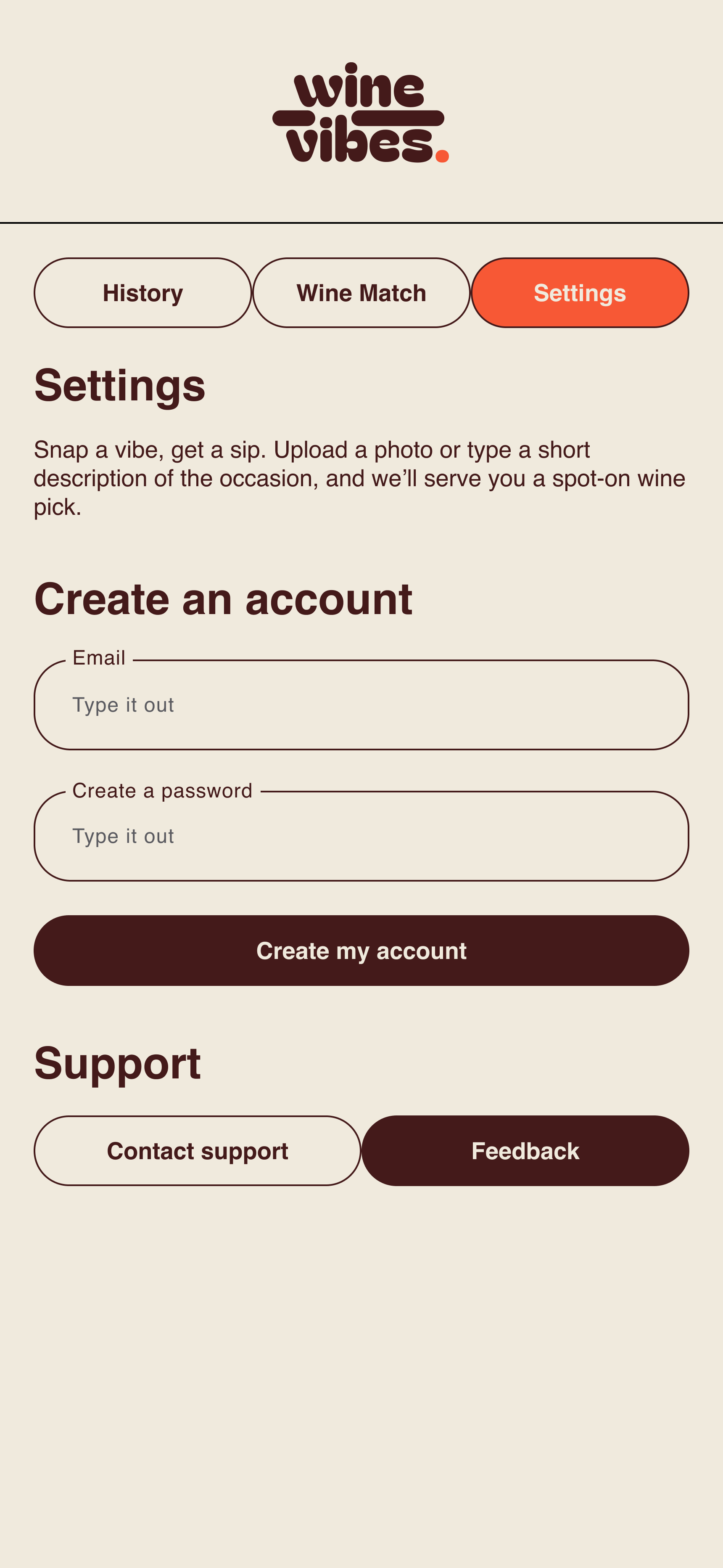 WineVibes Settings page