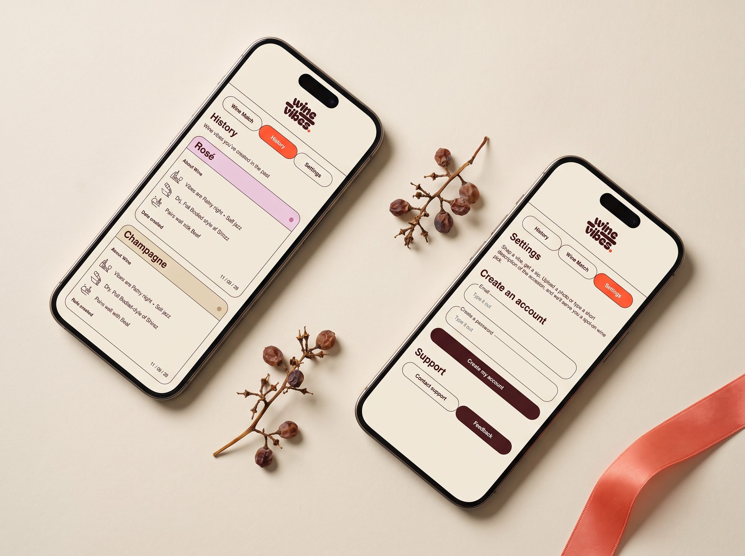 WineVibes History and Settings screens